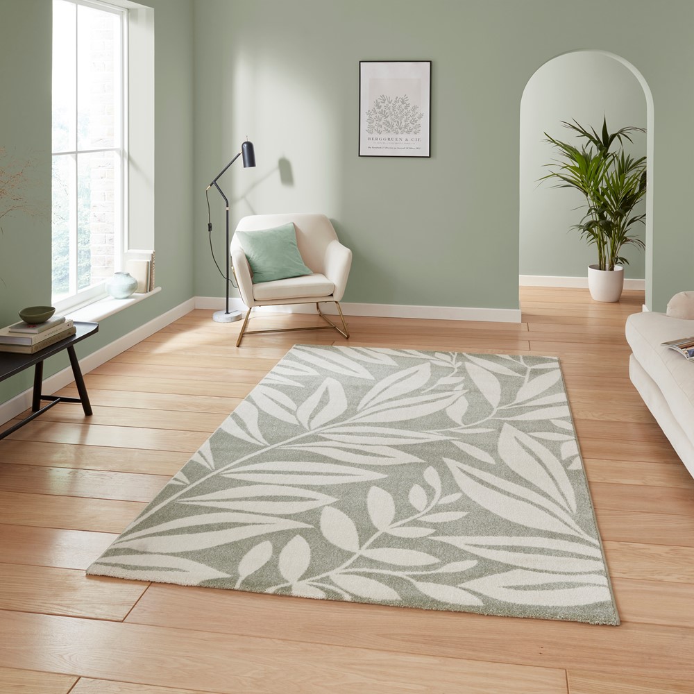 Sorral Leaves Modern Rugs by Catherine Lansfield in Sage Green